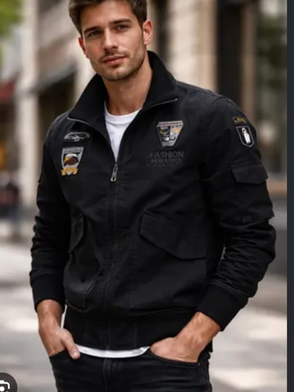 Men's Black Bomber Jacket with Military Patch Details